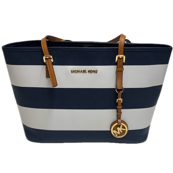Michael Kors Blue Striped Leather Tote - Picture 2 of 16